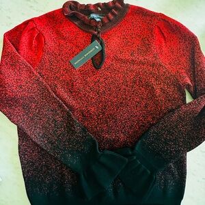 Adrienne Vittadini Red and Black Ombre Ruffle Neck Sweater